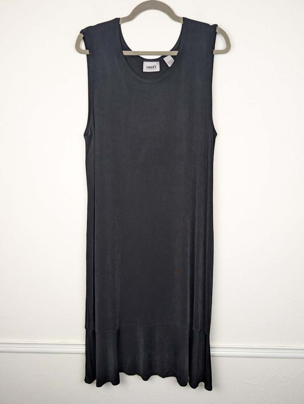 Chico's Travelers Dress Midi Slinky Knit Ruffle Minimalist Neutral Black Size L
